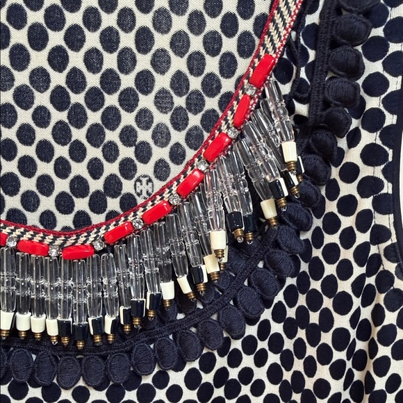 Tory Burch sz M 100% SILK Navy Dotted beaded collar w blue eyelet trim logo - Picture 4 of 12